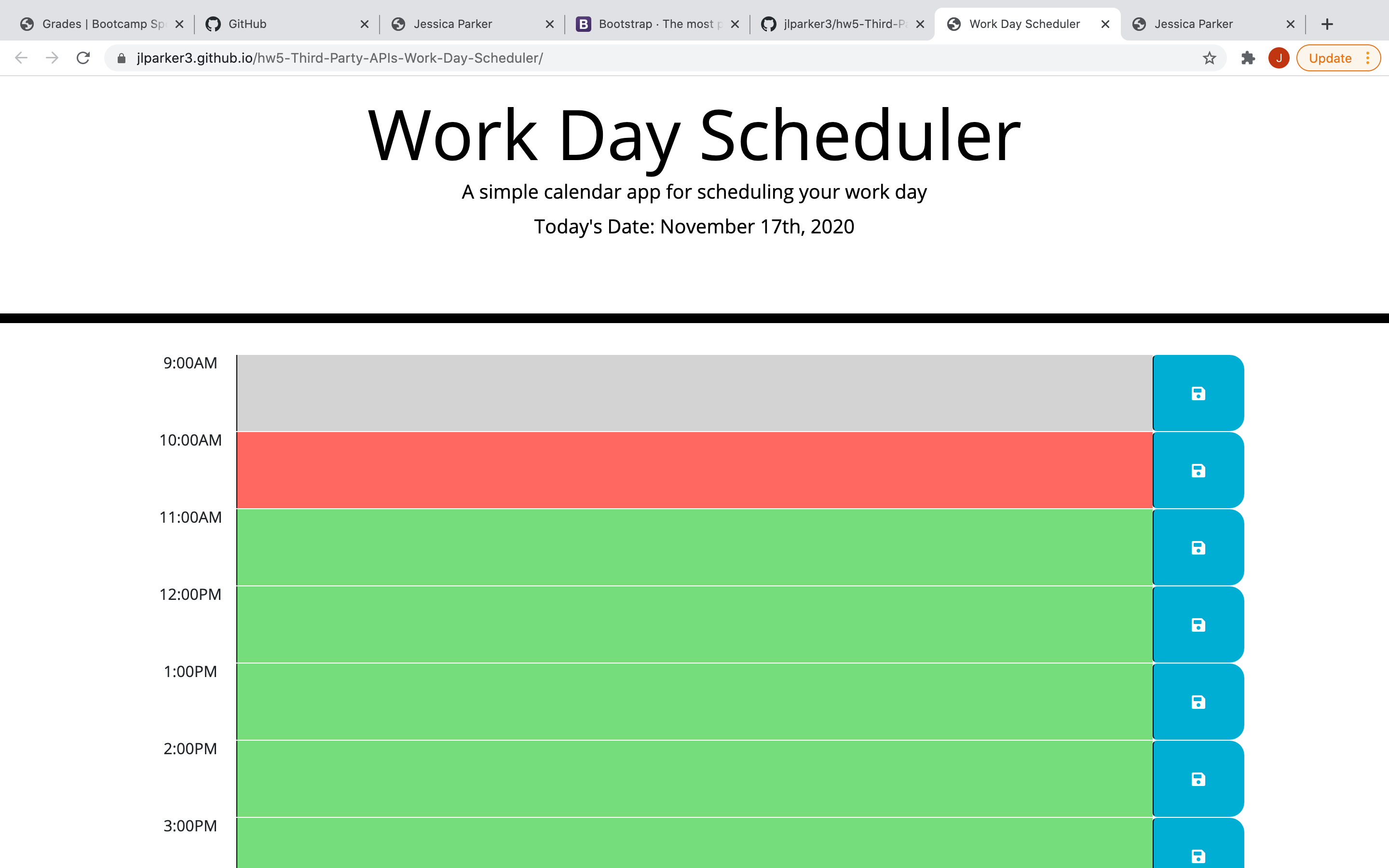 Screenshot of work-day scheduler